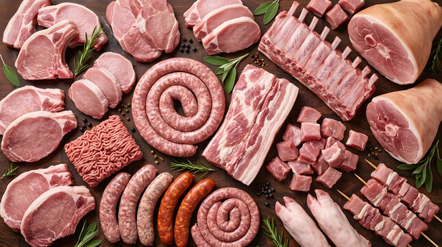Assorted Fresh Raw Pork Cuts and Sausages on Wooden Board