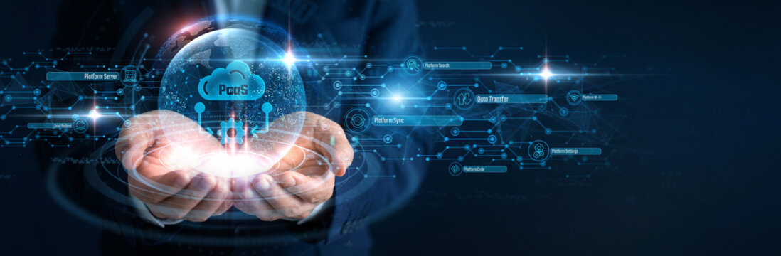 Cloud Developer Hand hold PaaS and global networking, platform as a service app creation, software development cloud hosting environment, virtual coding server infrastructure architecture