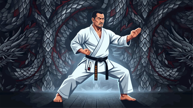 Muscular Japanese Karate Master in White Gi and Black Belt Posed in Fighting Stance, Traditional Martial Arts Illustration with Intricate Dragon Scale Background, Stoic Warrior Concept Vector