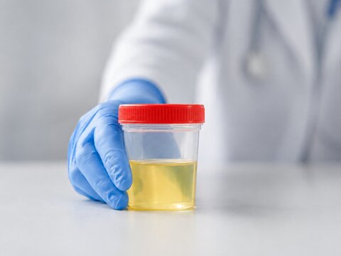 Doctor wearing blue gloves holding urine test sample cup in clinic