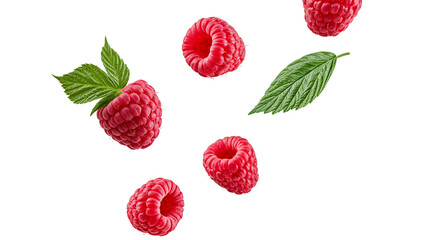 Fresh red raspberries with green leaves scattered © Lubos