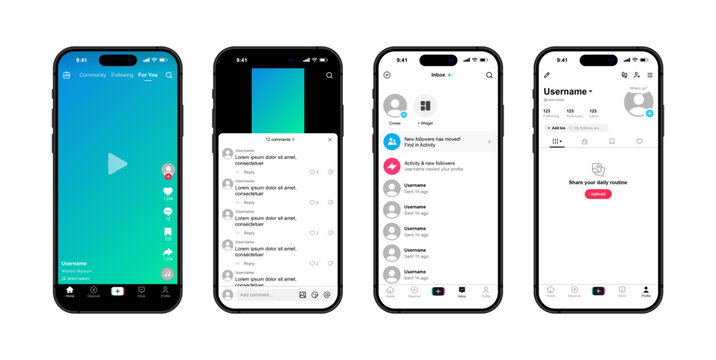 TikTok mobile app UI mockup on Apple iPhone. Social Media Interface. Editorial Vector Illustration.