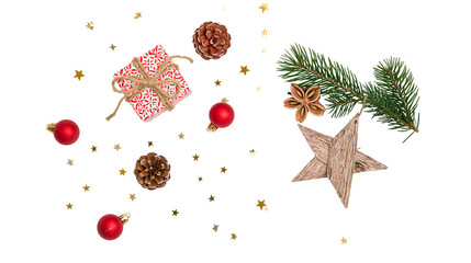 Christmas ornaments pine cones gift box pine branch star anise star, confetti © Lubos
