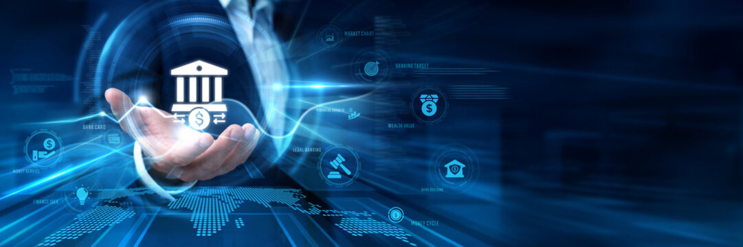 Businessman Hand Hold Corporate Banking and global financial data networking. Investment capital management, enterprise commercial loan, company money transaction account