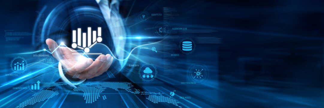 Businessman Hand Hold Data Science and global analytics data networking. Machine learning predictive model, statistics programming coding, advanced database computing, information logic