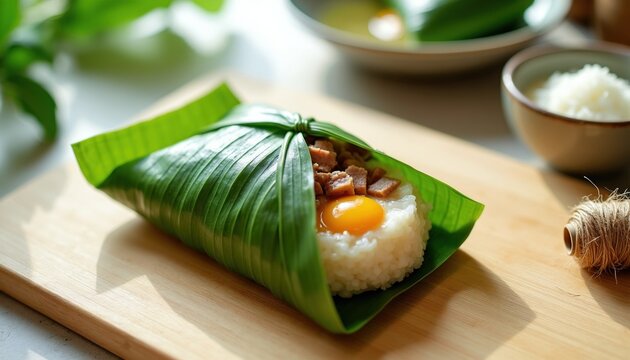 Person wraps sticky rice with meat, egg yolk in green bamboo leaves on wooden cutting board. Homemade zongzi dumpling preparation for traditional Asian festival holiday. Raw festive meal ingredients