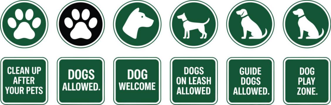 Dog friendly park sign set, green pet notice badges featuring dogs welcome, leash required, clean up after pets and guide dogs allowed symbols.