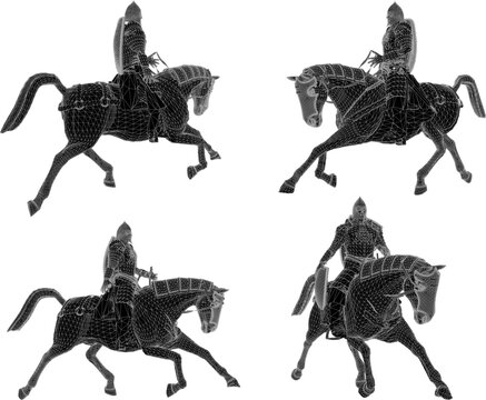 Hyper detailed low poly polygon asset pack representing a noble royal knight soldier mounted on a brown steed dressed in plate armor
