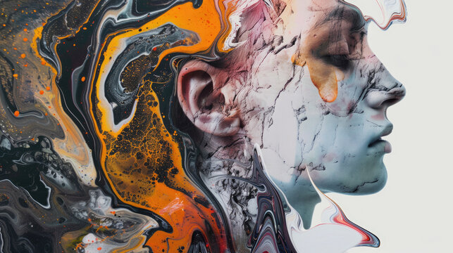 Surreal human face portrait with fluid marble paint effect and contrasting colors on light background