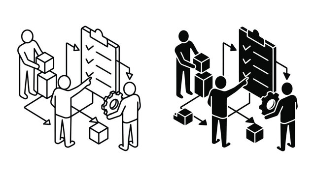 Business process management icon set with team working on checklist, management