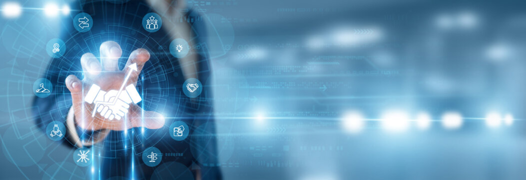 Alliance Manager hand holding Business Cooperation and data networking, strategic corporate partnership, global trade collaboration, enterprise synergy, commercial synergy.