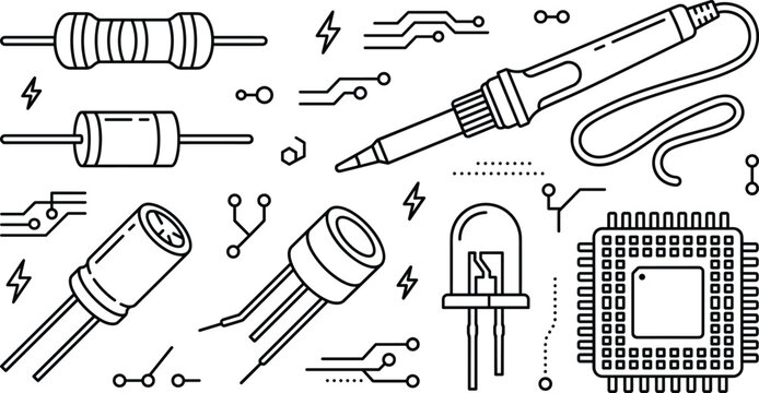 Electronic components vector set featuring soldering iron resistor capacitor chip led and circuit line art outline illustrations