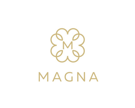 Elegant flower monogram logo with central M letter design. The premium logotype for luxury beauty brands, high-end fashion boutiques, wellness spas and sophisticated floral design studios.