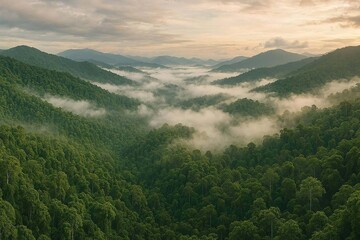 Obraz premium Aerial view landscape rain forest and mist cover mountain valley, drone photography panorama