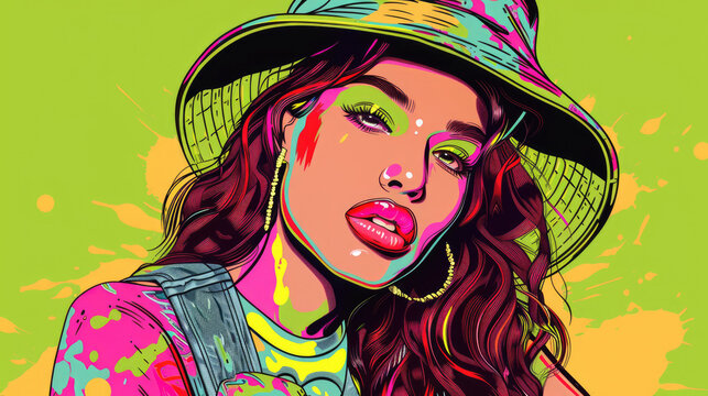 Vibrant fashion digital art portrait of woman in summer hat with neon colors and abstract background