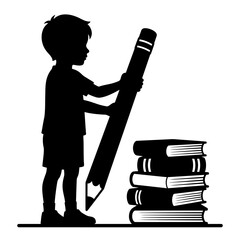 Black silhouette of a young boy holding a giant pencil, student standing next to a stack of books, school education and creative writing concept isolated on White Background