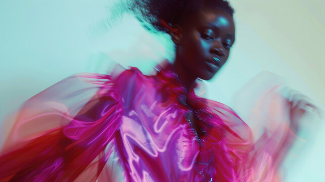 Female fashion model portrait with rainbow prism holographic light effects background creating motion blur and dreamy atmosphere