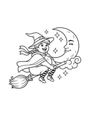 Obraz premium Witch Flying at Night Coloring Page for Kids. Simple Halloween Outline Illustration for Children.