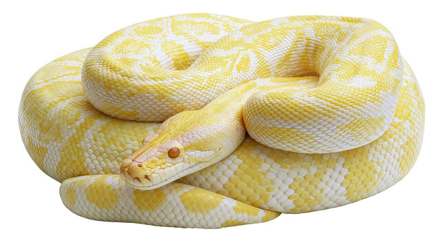 Albino python coiled with yellow and white scales