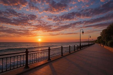 Obraz premium Beautiful landscape with amazing sky on seafront embarkment during beautiful sunrise or sunset sea surf and nice cloudy sunset sky