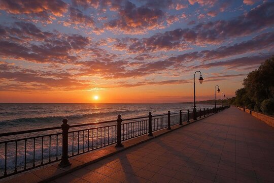Beautiful landscape with amazing sky on seafront embarkment during beautiful sunrise or sunset sea surf and nice cloudy sunset sky