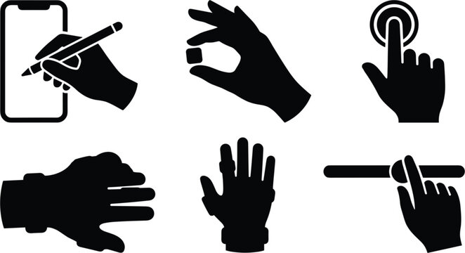 Human hand gestures and technology interaction icon set vector illustration featuring touch screen, stylus pen drawing, slider control, smart ring, and sensor glove.