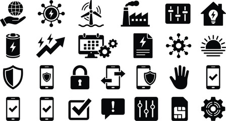 Smart energy and mobile system control icon set vector illustration featuring wind turbine, eco house, battery, solar sunset, smartphone security, and settings. © RAKIB