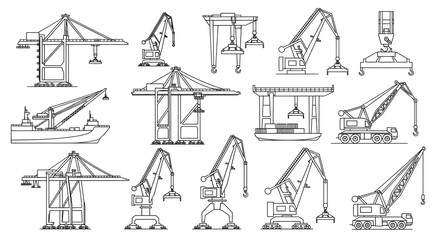 Obraz premium Shipping Port Cranes and Lifting Hoists Thin Line Art Vector Set