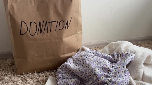 Person filling a paper bag with clothes for donation, practicing sustainable living, recycling, and conscious consumption while decluttering a messy wardrobe