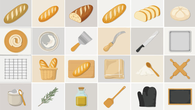 Set of bakery icons featuring fresh bread, kitchen tools, and baking ingredients in a modern flat vector style design