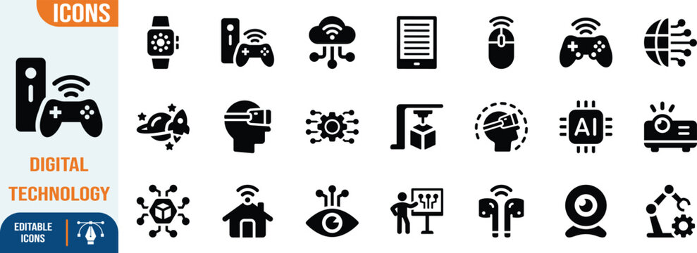 Digital technology modern vector icons. vr headset icon set, ai chip icon set, game controller icon set
