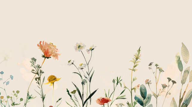 Delicate wildflowers watercolor illustration with coral and yellow blooms on cream pastel background