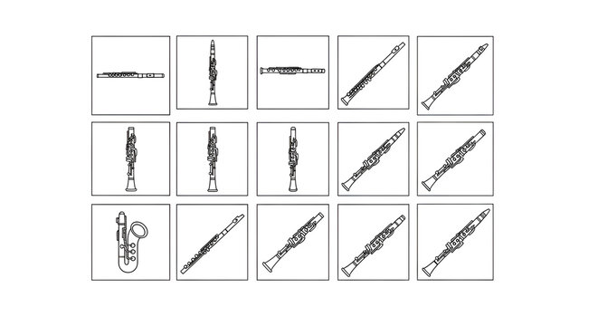 Minimalist Woodwind Instruments Line Art Grid