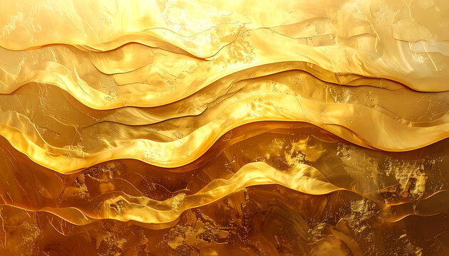 Golden abstract wavy layers with glittering particles, luxurious organic texture resembling flowing silk or water, elegant background for luxury and celebration