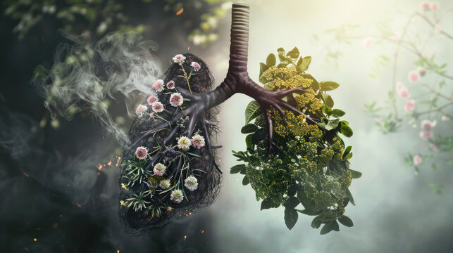 Conceptual human lungs with green flowers and polluted coal showing air quality contrast
