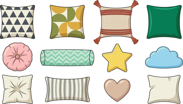 Decorative throw pillows and cushions vector icon set with geometric patterns tassels heart star isolated on white background