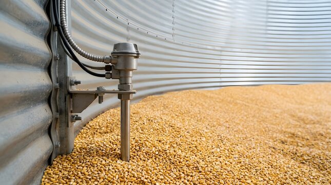 grain moisture monitoring sensor inside storage silo ensuring harvest quality preservation and precision inventory management