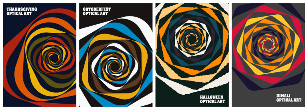Abstract geometric optical spiral poster collection for Thanksgiving, Oktoberfest, Halloween and Diwali