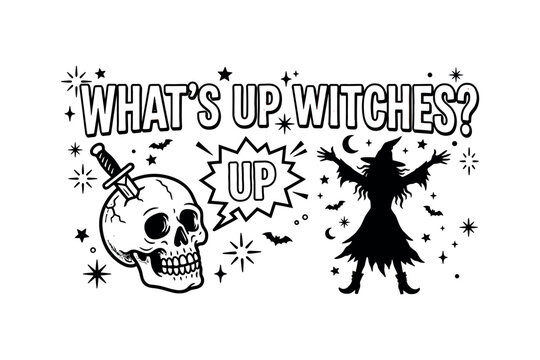 Spooky halloween illustration with witch skull and playful typography