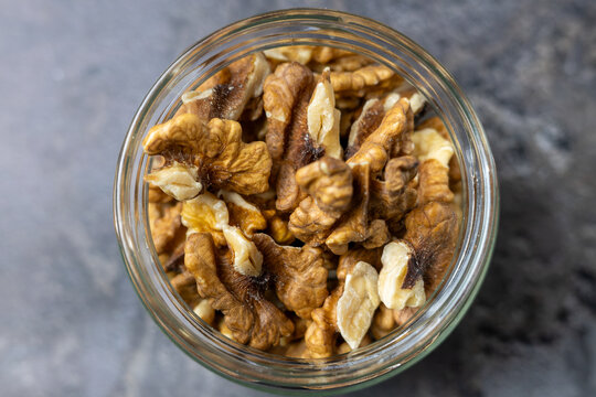 Top View of Walnut Kernels in Glass Jar