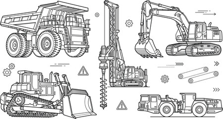 Heavy construction machinery line art vector set with dump truck drilling rig excavator bulldozer and underground mining vehicle © vector design 