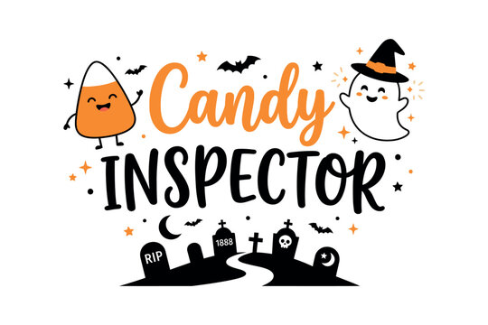 Candy inspector halloween design with witch hat and spooky graveyard elements
