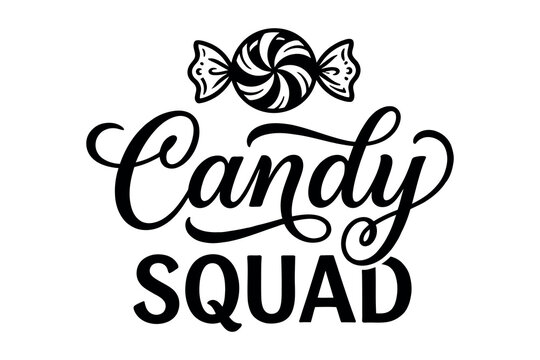 Candy squad hand lettered typography with swirl lollipop illustration