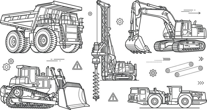 Heavy construction machinery line art vector set with dump truck drilling rig excavator bulldozer and underground mining vehicle