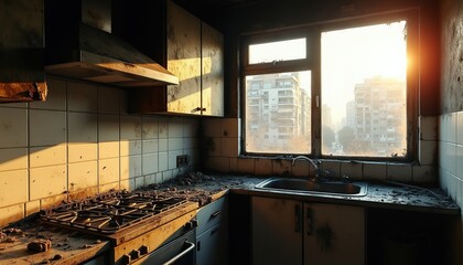 Naklejka premium Burnt kitchen interior shows fire damage with charred walls, ruined cabinets. Soot covers gas stove, countertop surfaces sunlight shines through window. Room displays home disaster aftermath