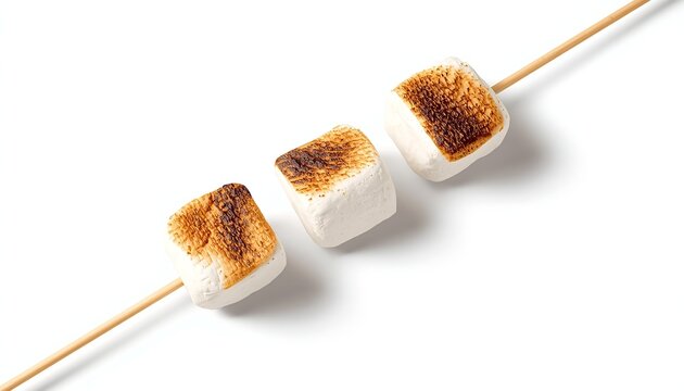 Three roasted marshmallows on wooden skewer stick isolated on white background stock photo