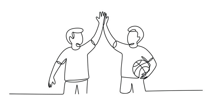 Two basketball players giving a high five line art drawing