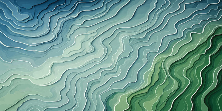 Abstract layered paper cut landscape in shades of green and blue with abstract background topography dimensional aesthetic material creative papercraft backdrop minimalist structure
