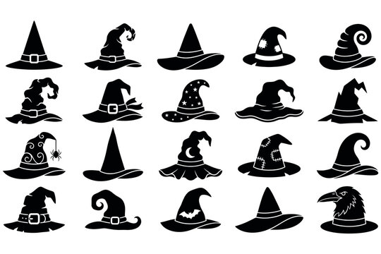 Collection of black witch hats halloween mystical design elements