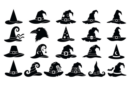 Collection of black silhouette witch hats and halloween elements